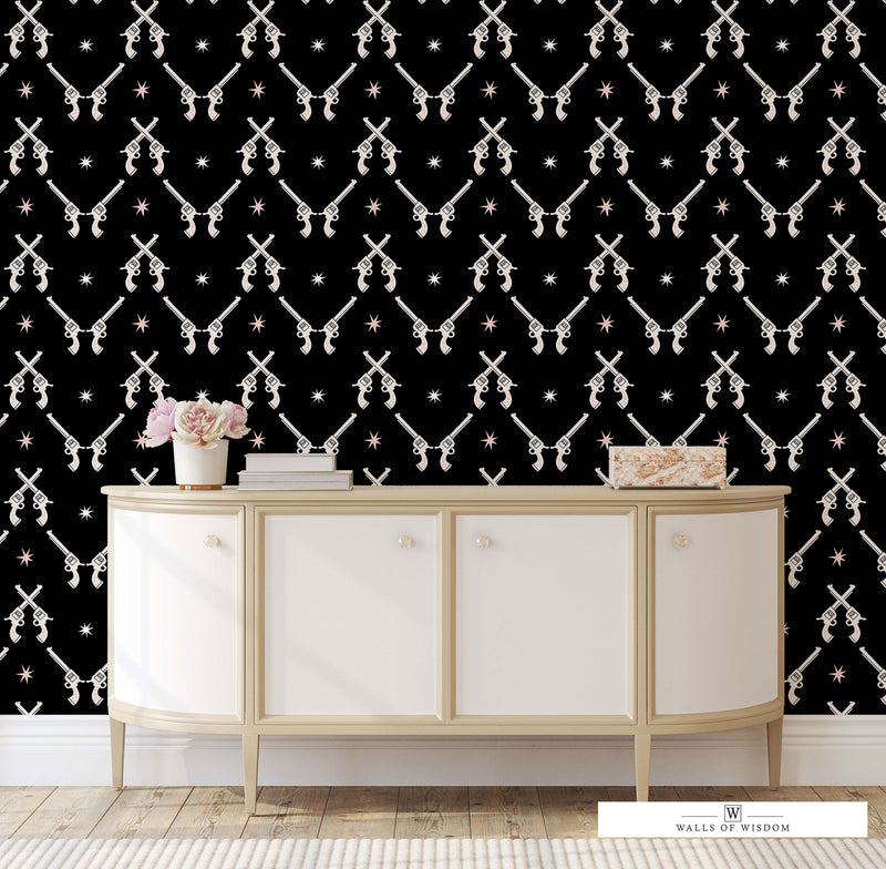 Funky Maximalist Western Wallpaper with Soft Pink and White Stars on Black