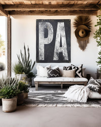 Pennsylvania state vinyl sign, blending Western motifs with boho chic for a unique porch or garden decoration.