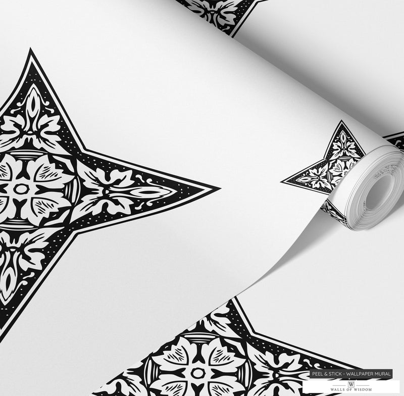 Retro cowboy style wallpaper featuring decorative star, leaves, and florals in black and white.