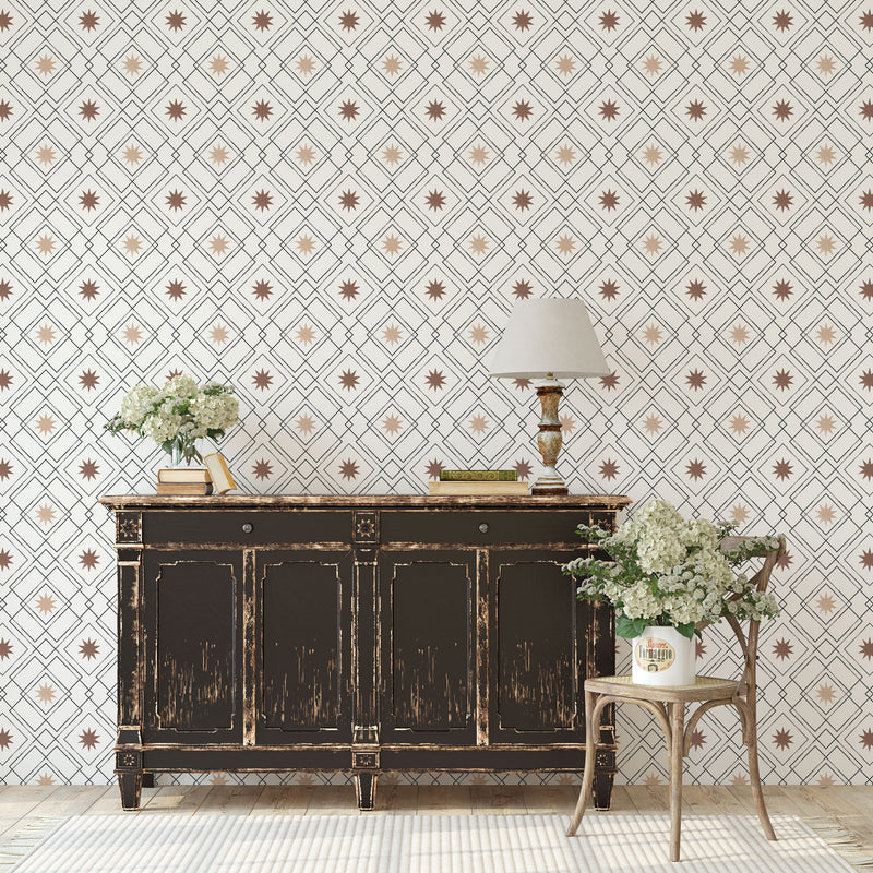 "Modern Western Geometric Removable Wallpaper with black, cream, and brown stars"