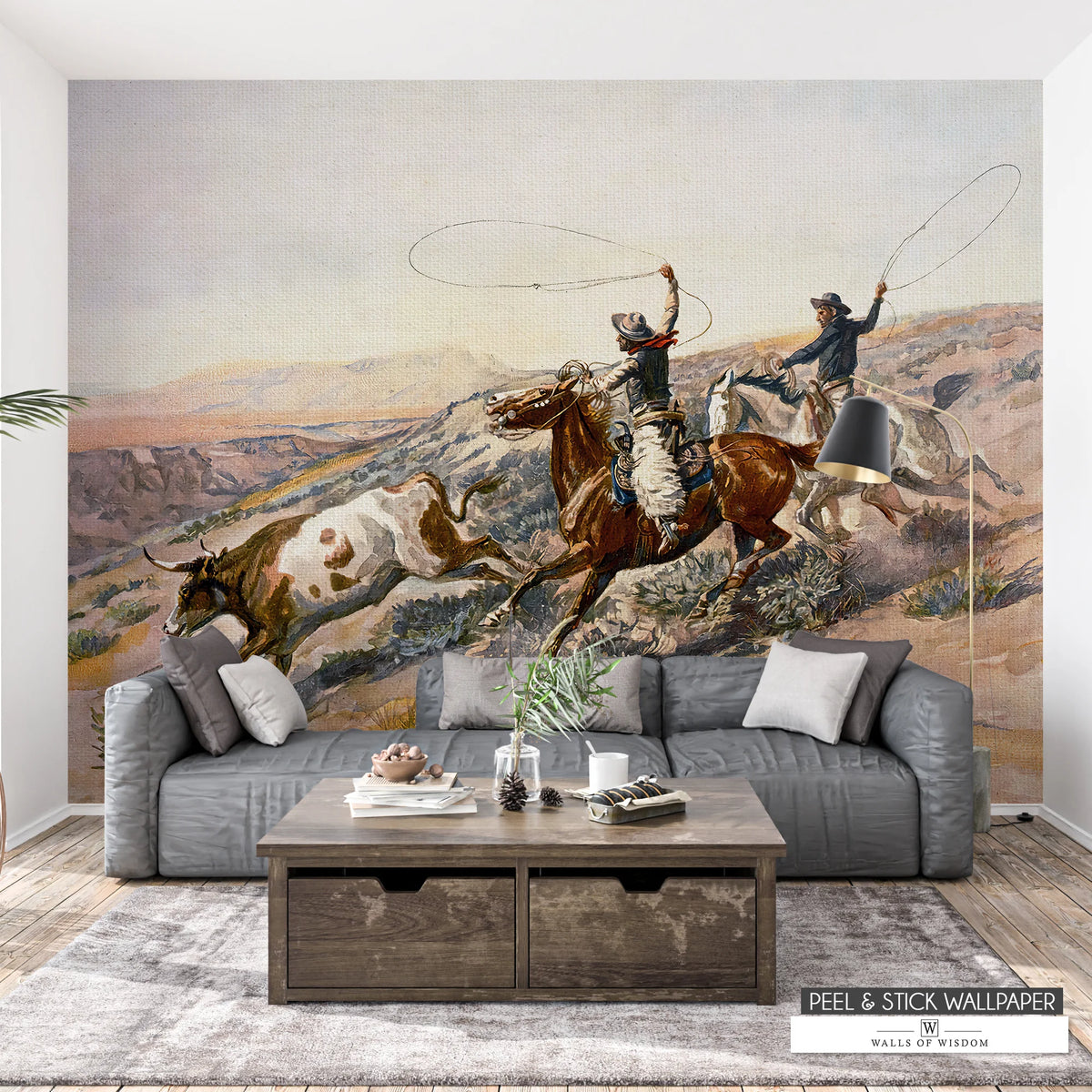 Neutral tone desert roping scene wall art for rustic Western interiors