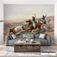 Neutral tone desert roping scene wall art for rustic Western interiors