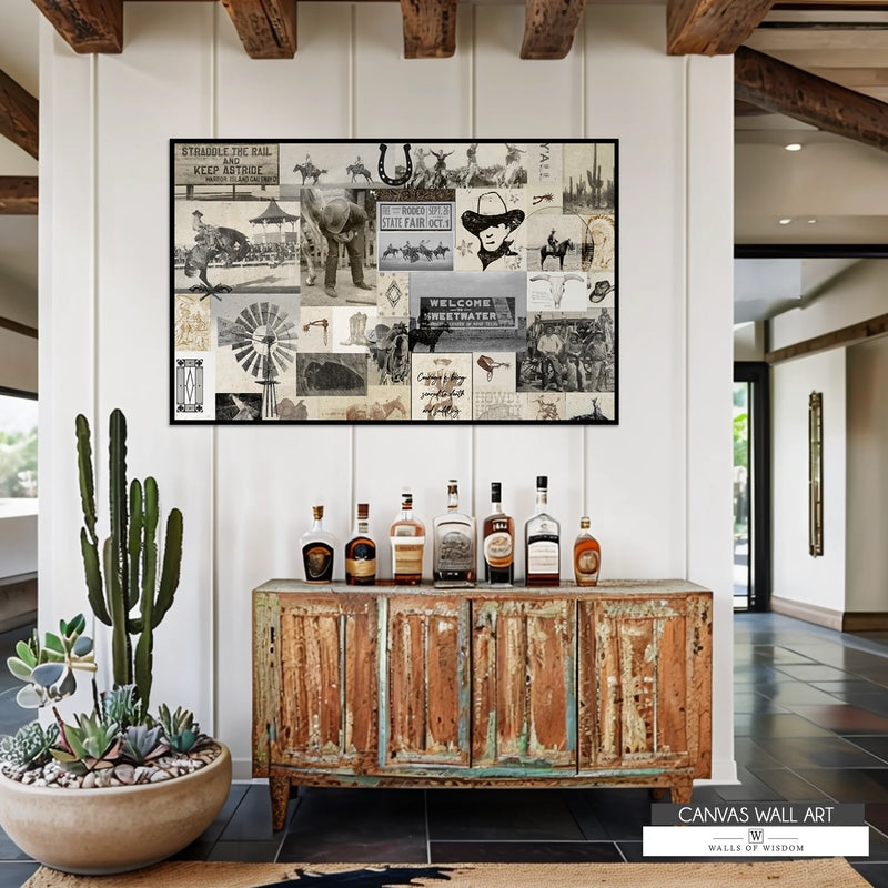 Rustic cowboy wall art with a collection of vintage photos, perfect for ranch homes and Western decor.