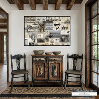 Western ranch house wall art with a nostalgic cowboy collage, ideal for rustic and farmhouse interiors.