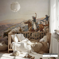 Western peel and stick mural of cowboys rounding up cattle in the desert. Vintage Cowboy Nursery wallpaper.
