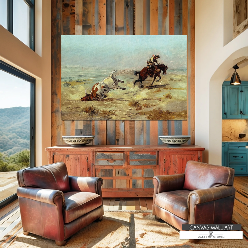 Cowboy roping scene vintage Western canvas print