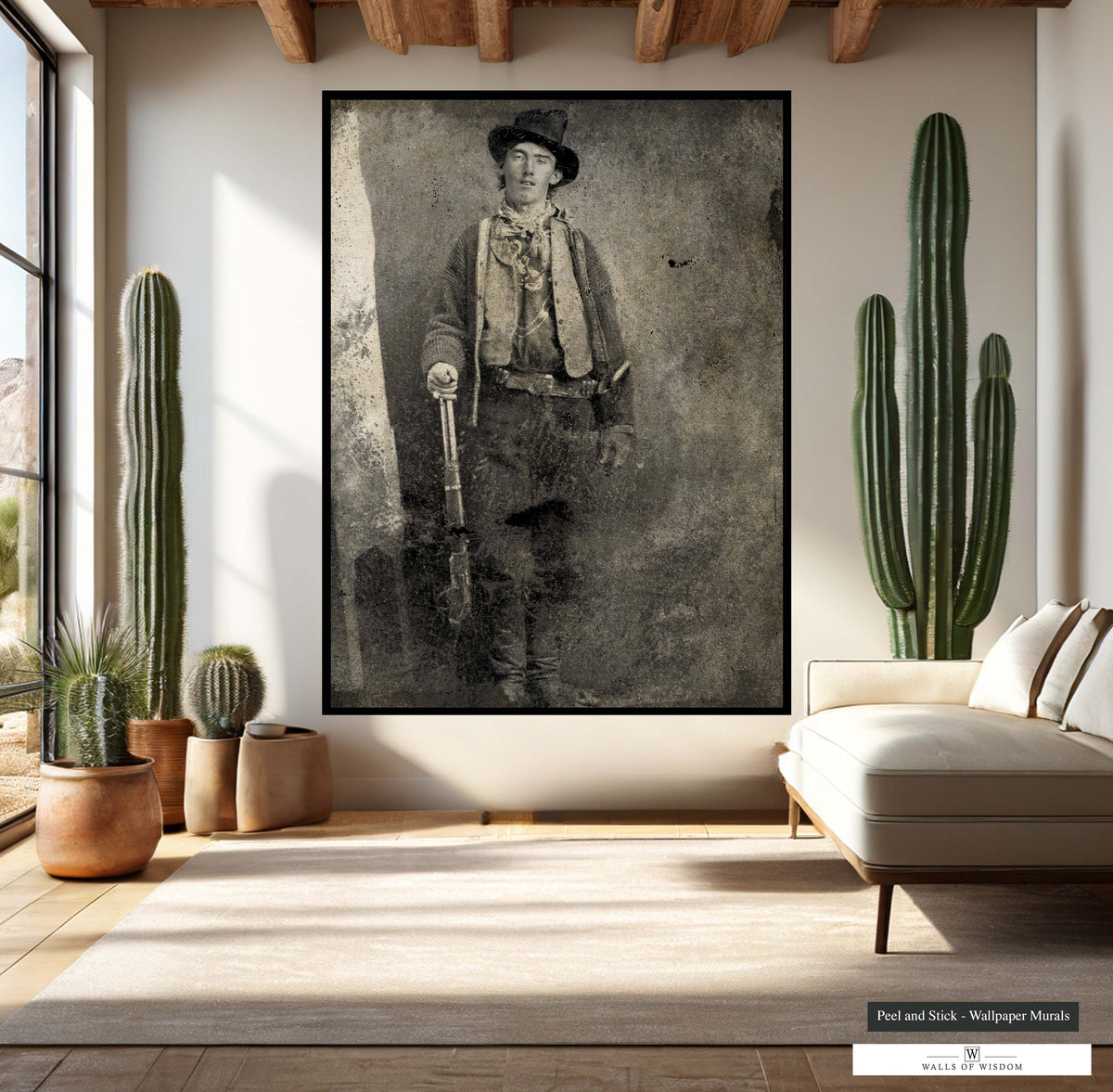Luxury textured wallpaper featuring vintage picture of cowboy Billy the Kid.