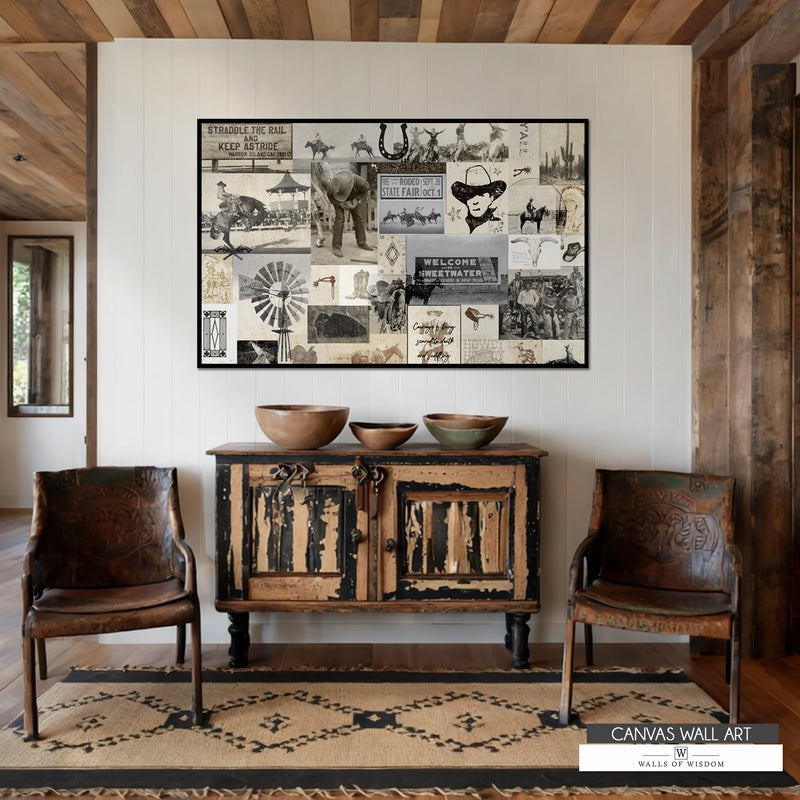 Vintage Western cowboy collage canvas print featuring historic black-and-white and cream-toned photographs.