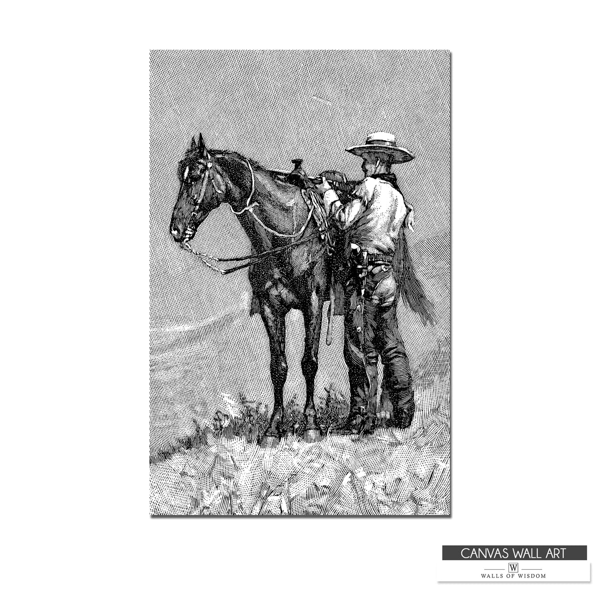 Detailed Western landscape canvas print featuring an 1886 engraving of cowboys and Native Americans.