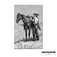 Detailed Western landscape canvas print featuring an 1886 engraving of cowboys and Native Americans.