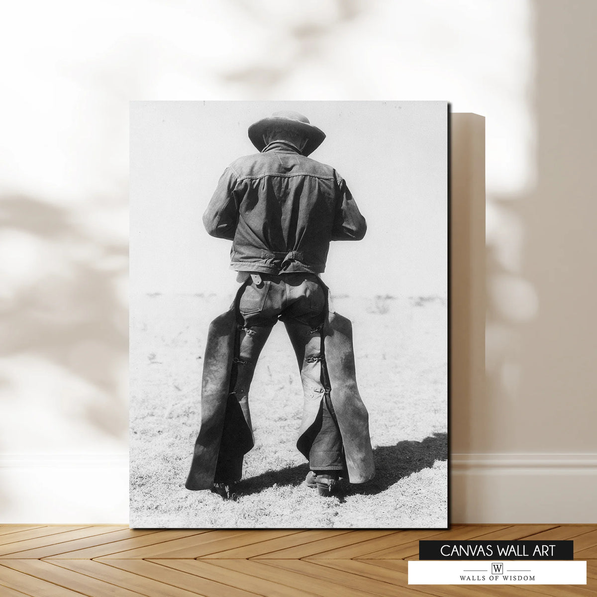 Black-and-white cowboy photography print for rustic decor.