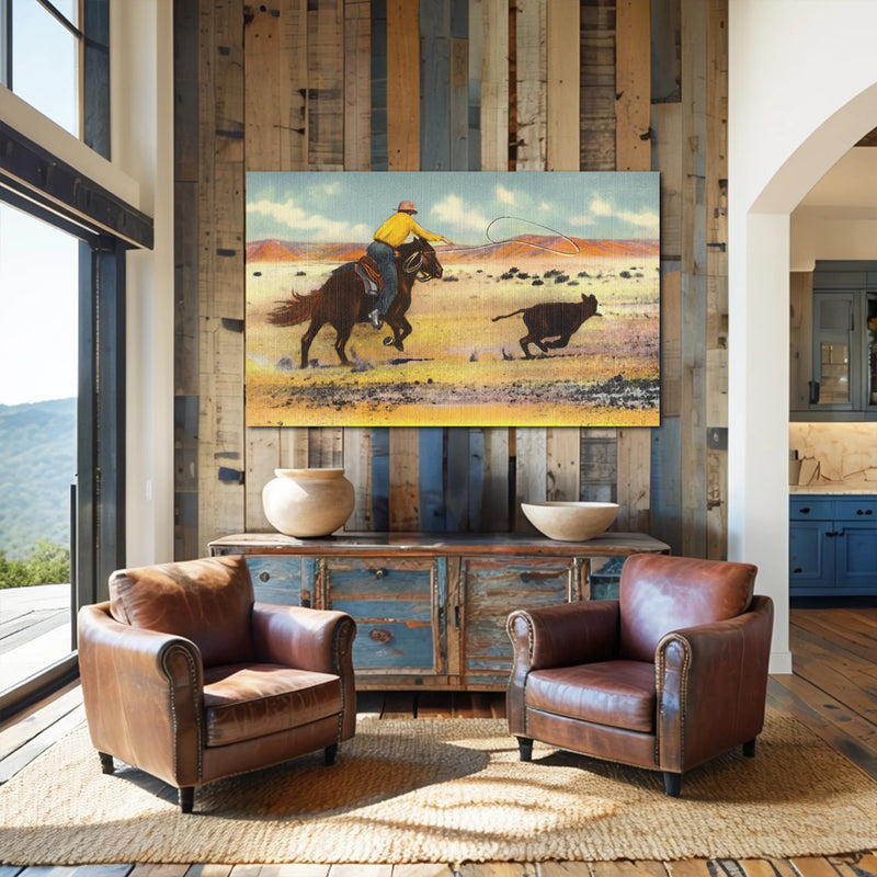 Desert cowboy decor canvas showing cattle herding in bold Western tones.