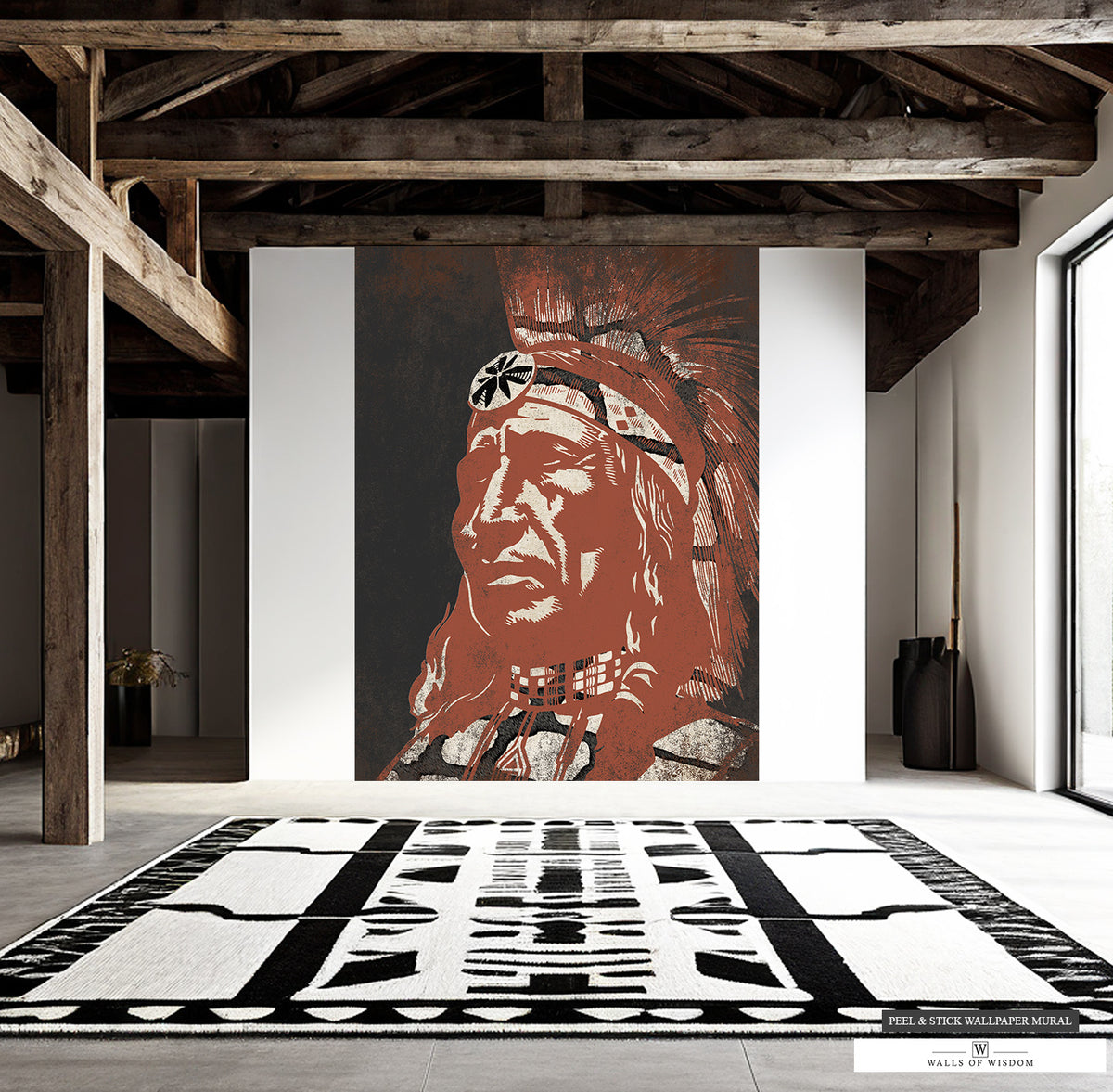 Western decor meets contemporary art in this Native American Indian Chief mural.