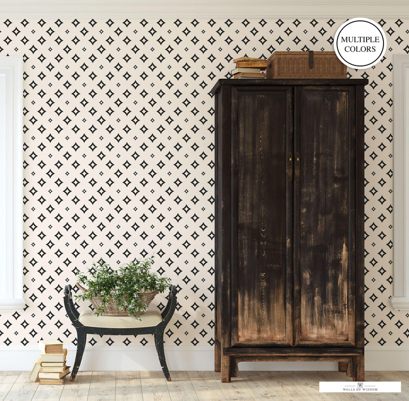 Retro Diamond Peel & Stick Wallpaper in Cream and Black for Modern Home Decor"