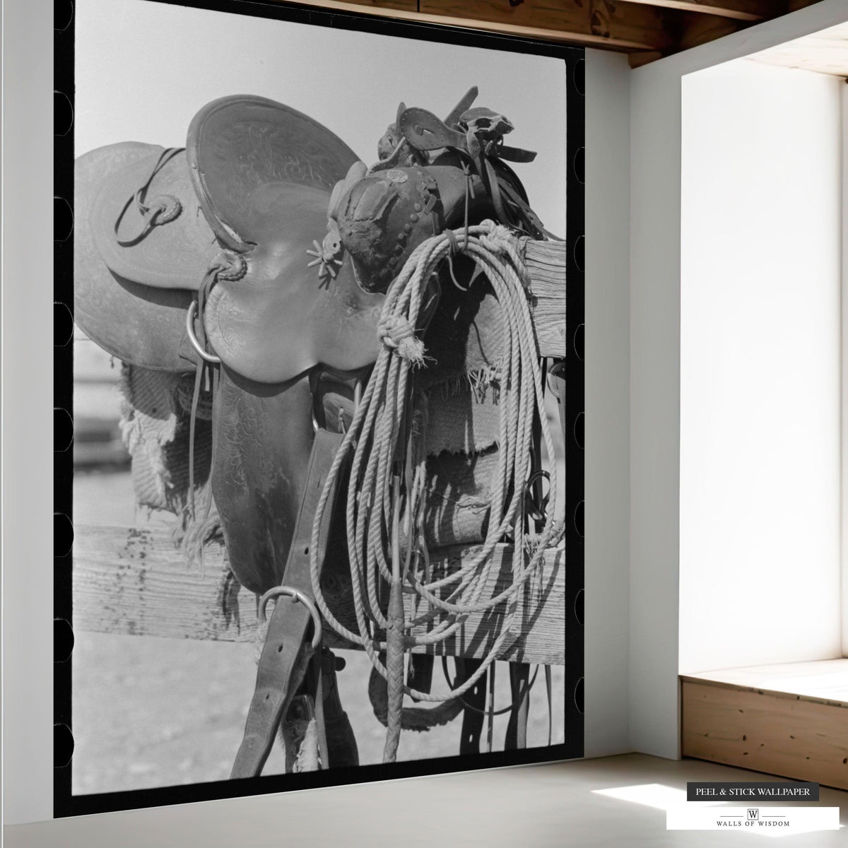 Black and White Peel & Stick Ranch Style Saddle Photo Mural for Dramatic Entryways.