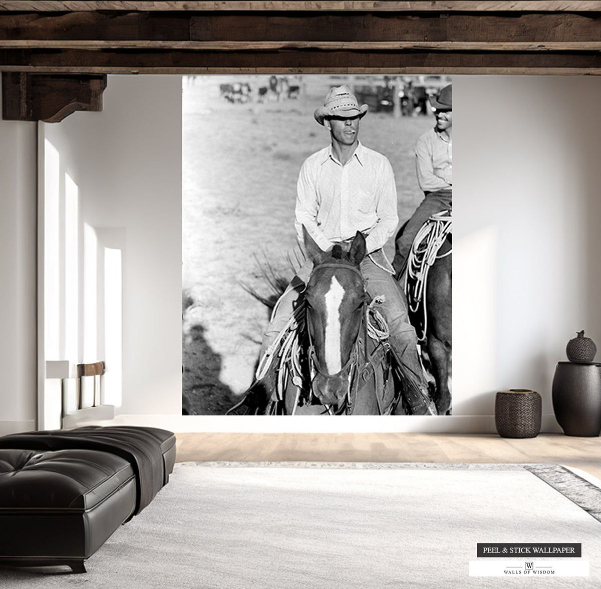 Western Cowboy Print Wallpaper Mural -  Smoking Cowboy Horse Peel and Stick