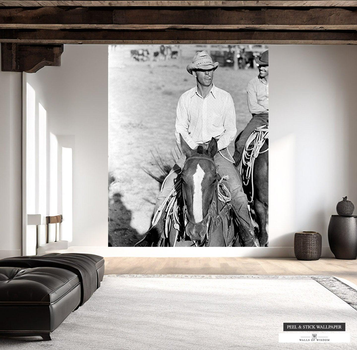 Western Cowboy Print Wallpaper Mural - Smoking Cowboy Horse Peel and Stick