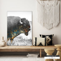 Western-style buffalo wall art with muted earth tones and rustic charm.