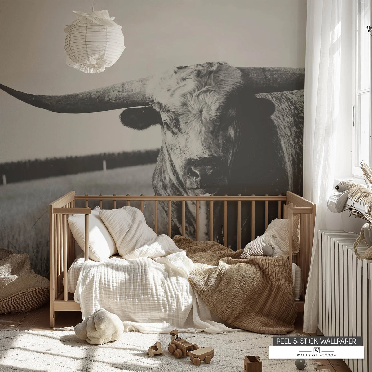 Western Nursery Decor Texas Longhorn Wallpaper Mural in Black and White