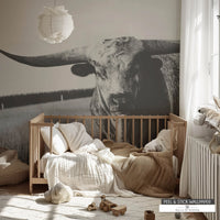 Western Nursery Decor Texas Longhorn Wallpaper Mural in Black and White