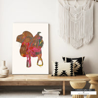 Boho Western cowgirl saddle print featuring moody green and gold tones