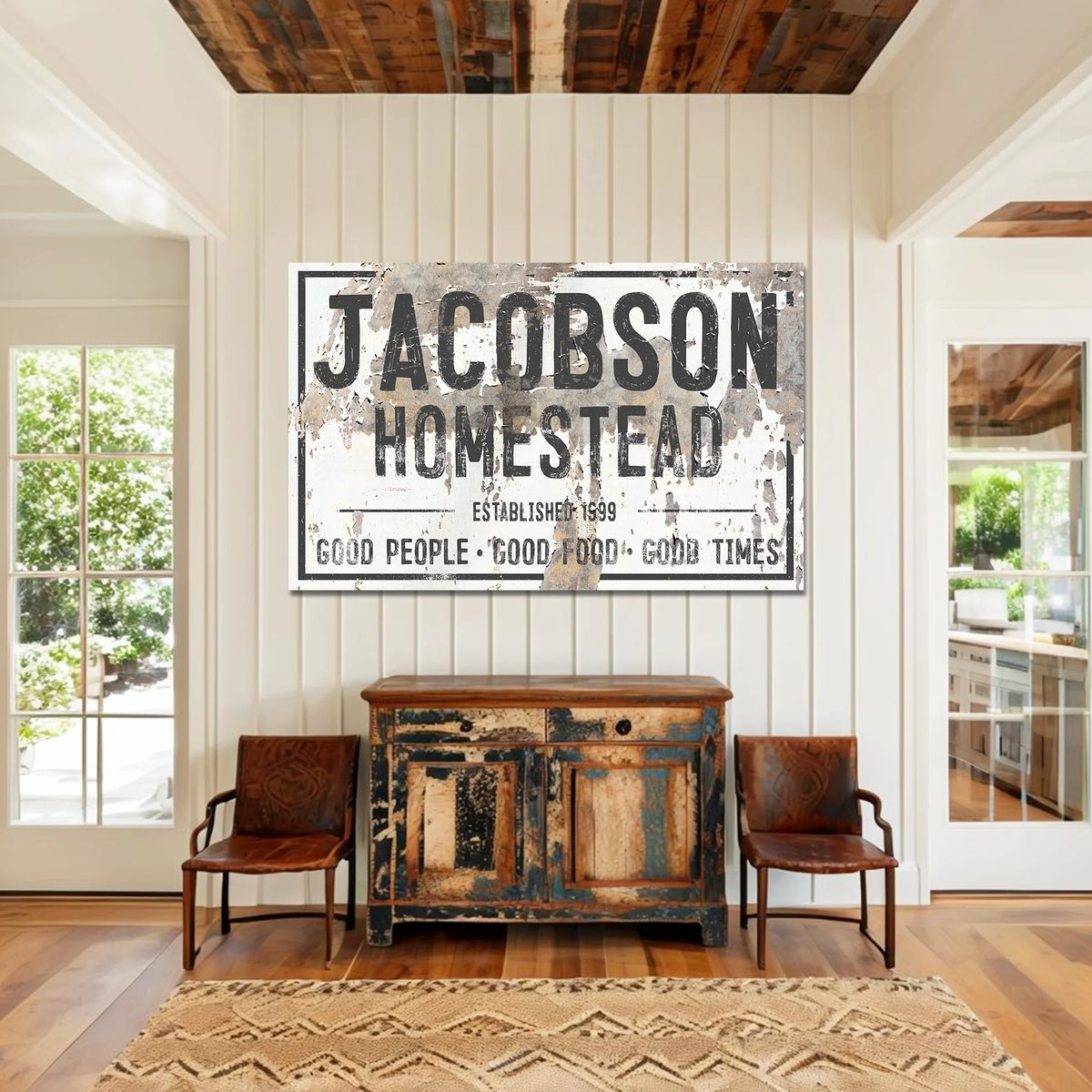 Rustic western personalized name sign in chippy paint in white, black and cream