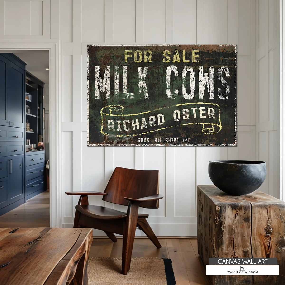 Vintage distressed 'Milk Cows for Sale' canvas sign with rustic farmhouse appeal in black, off-white, and yellow.