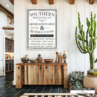 Southern Mercantile distressed canvas sign featuring vintage farmhouse-style typography in charcoal grey on an off-white background.