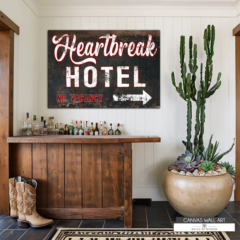Heart Break Hotel Western canvas sign with a nostalgic weathered aesthetic, perfect for farmhouse and boho decor.