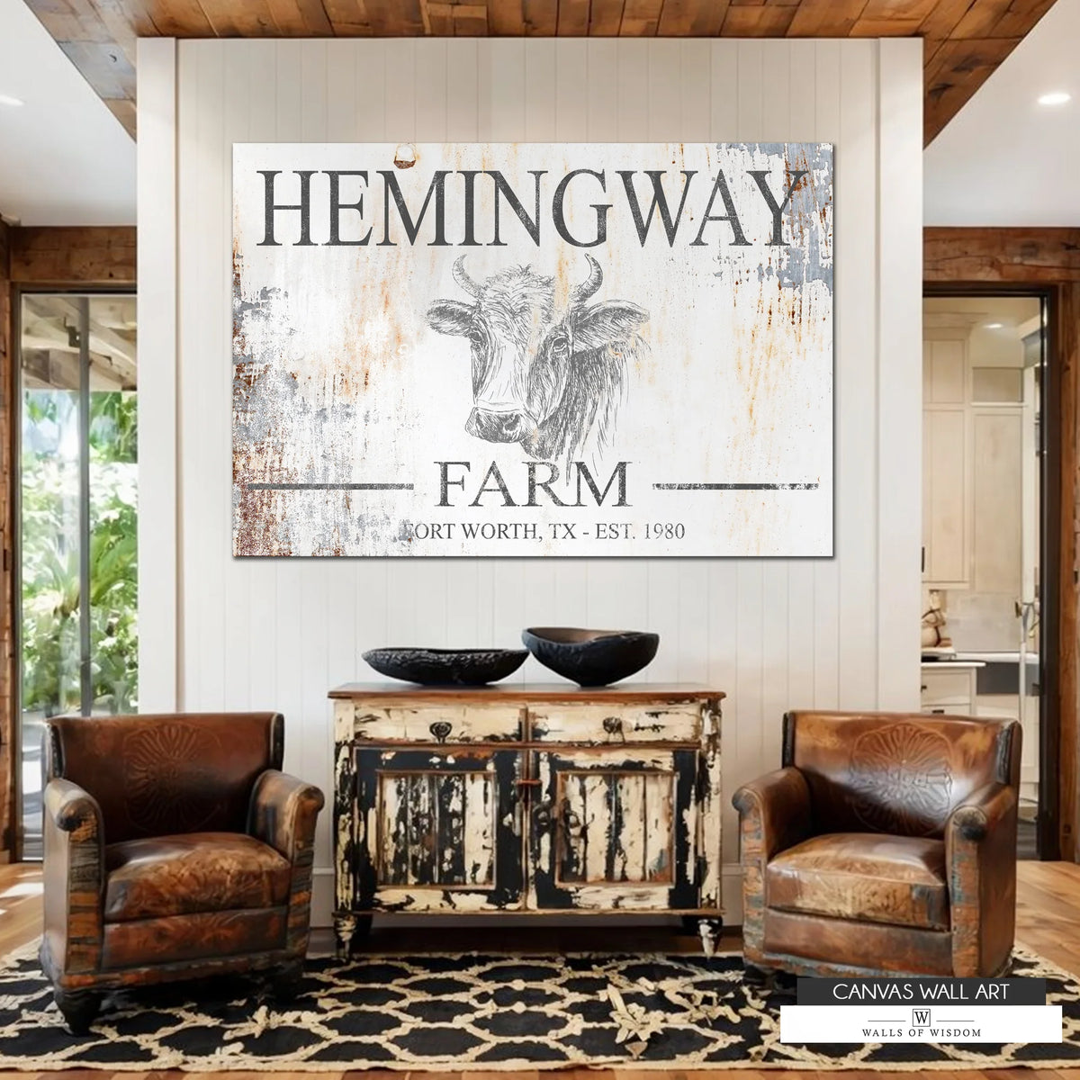 Vintage cattle ranch sign with custom last name and cow head artwork