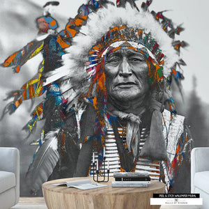 Iron Shell Western wallpaper mural featuring a modern cowboy reimagining of a vintage Native American photo.