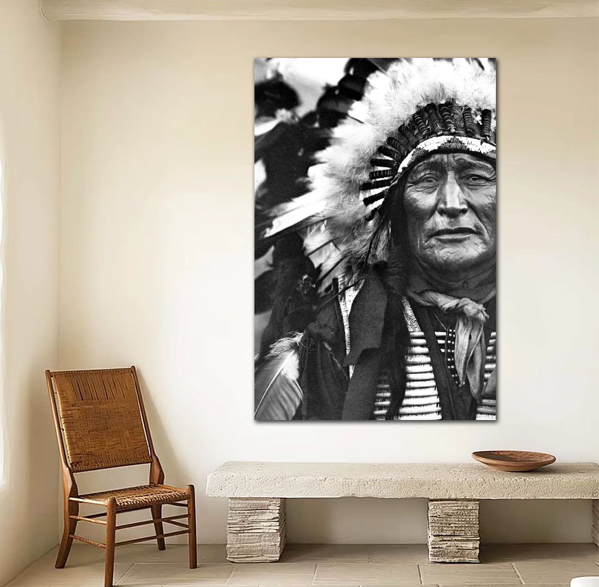 Iron Shell Native American Portrait Canvas Art in black and white southwestern style decor.
