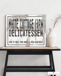 White Cottage Delicatessen Canvas Wall Art  - Rustic Chipped Living Room Wall Decor Sign
