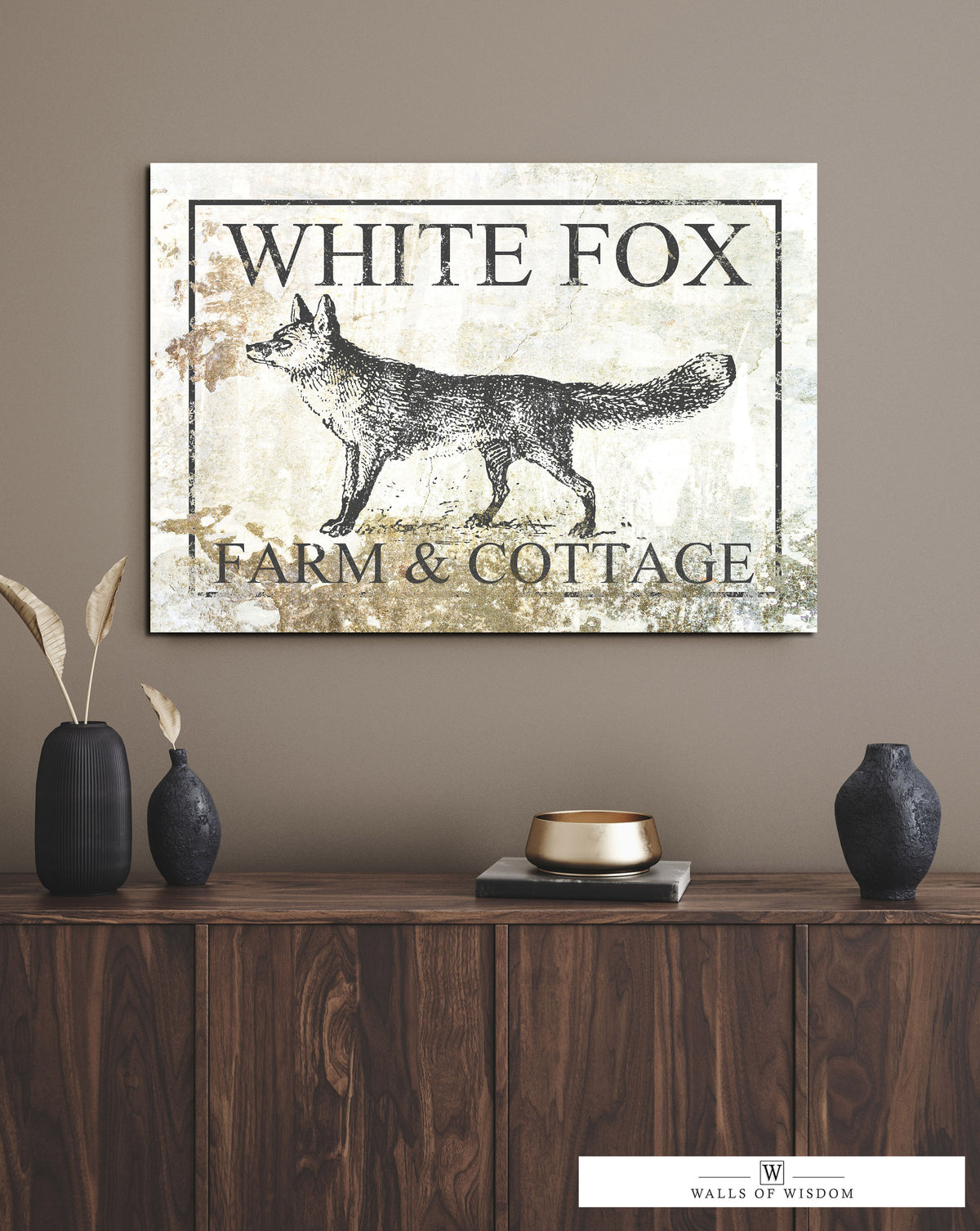White Fox Farm and Cottage Weathered Canvas Wall Decor -  Rustic Cottagecore Living Room Art