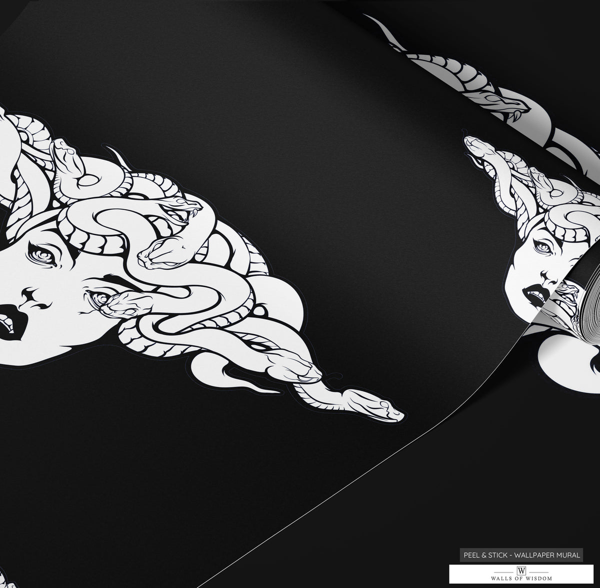 Elegant White Medusa Design on Black Peel & Stick Wallpaper - Witchy Feminine Decor