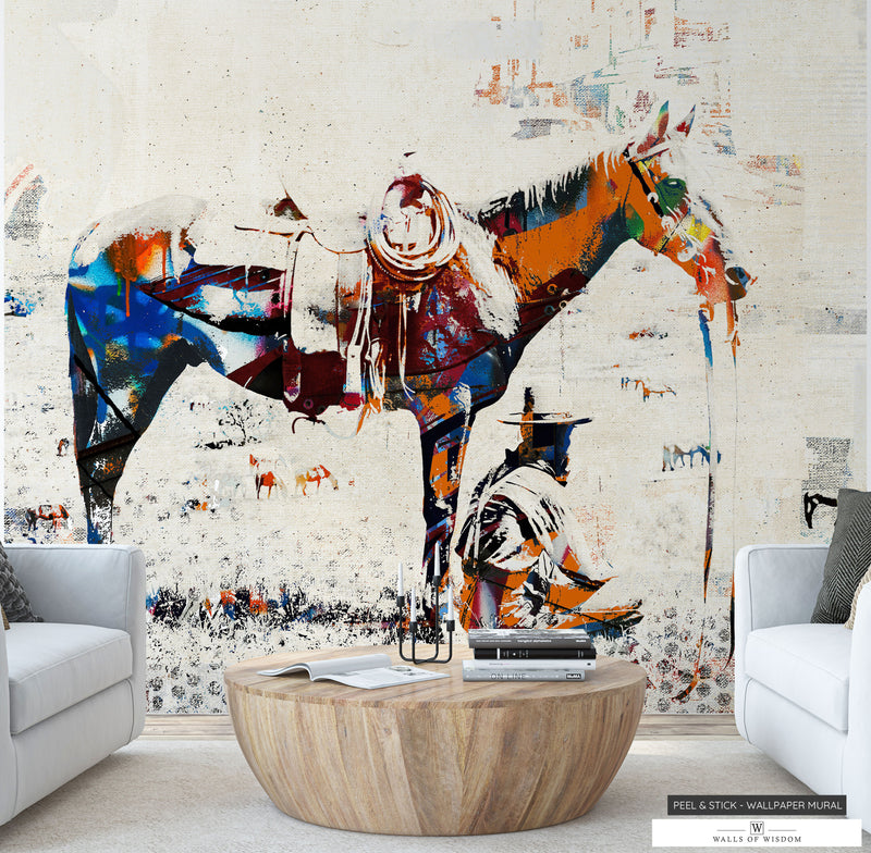 Urban Cowboy & Horse Wallpaper Mural with vibrant colors in a modern living space.