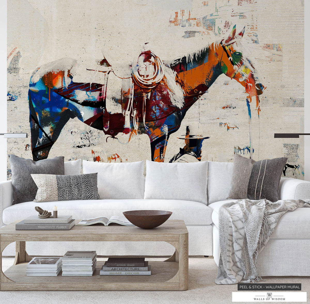 Contemporary 'Wild at Heart' Peel & Stick Mural featuring a colorful cowboy and horse.