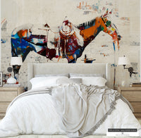 Bold and artistic cowboy and horse mural in a stylish bedroom, blending vintage with modern.