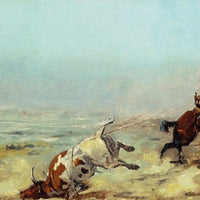 Desert landscape cowboy canvas wall art with steer lassoing