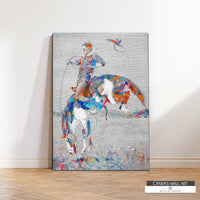 Modern cowboy on bucking bronco – urban Western canvas wall art