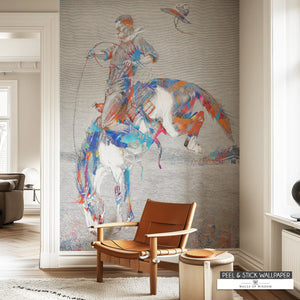 Colorful mural of a person on horseback in a living room  large wall art