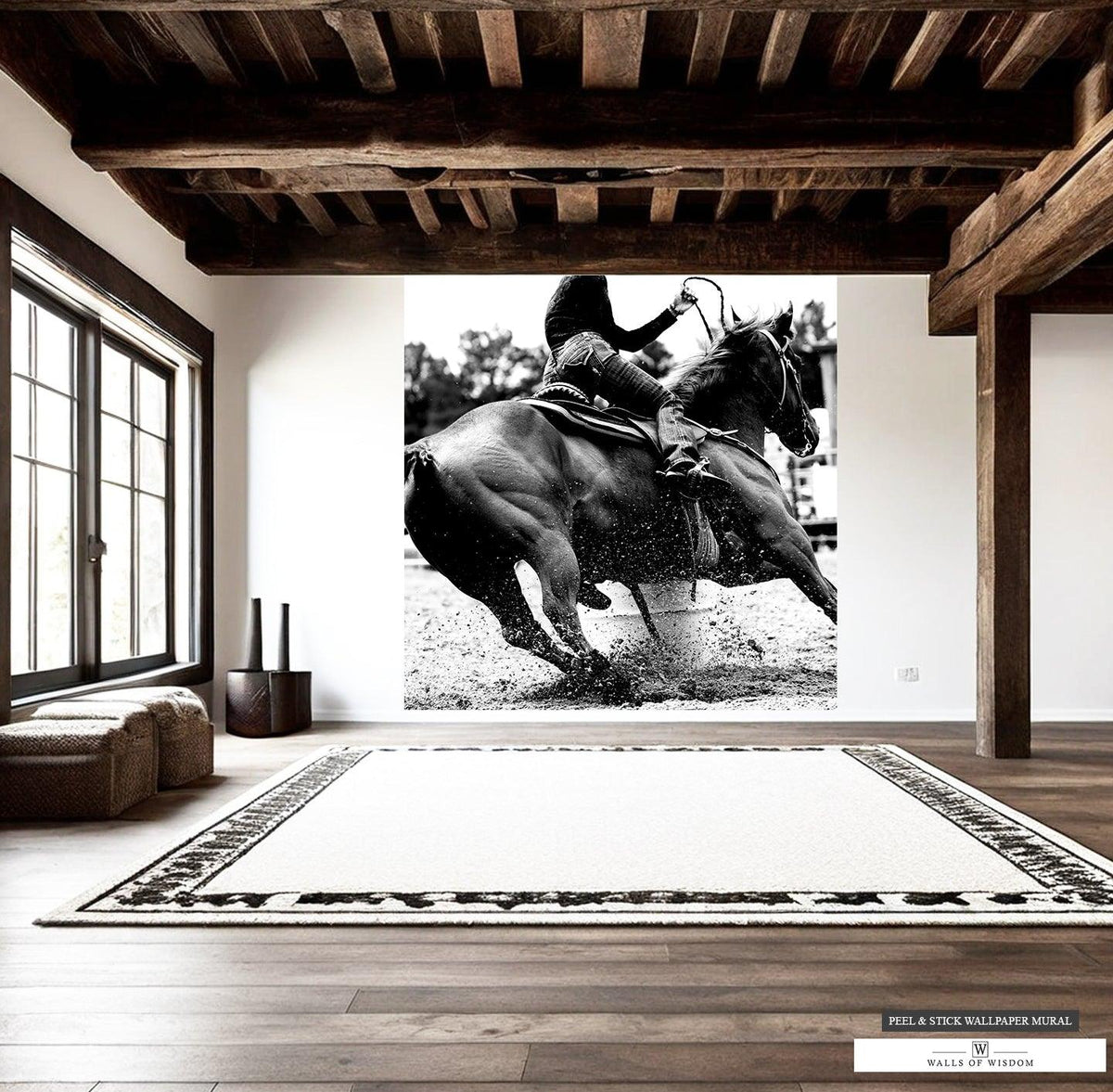 Statement wall mural of barrel racer, black and white photo for impactful decor.