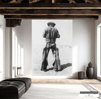 Monochrome wallpaper mural of a cowboy, ideal for modern country home styling.