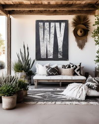 Rustic 'WY' garden and bar party tapestry, introducing Wyoming's distinctive spirit into any home or outdoor space."