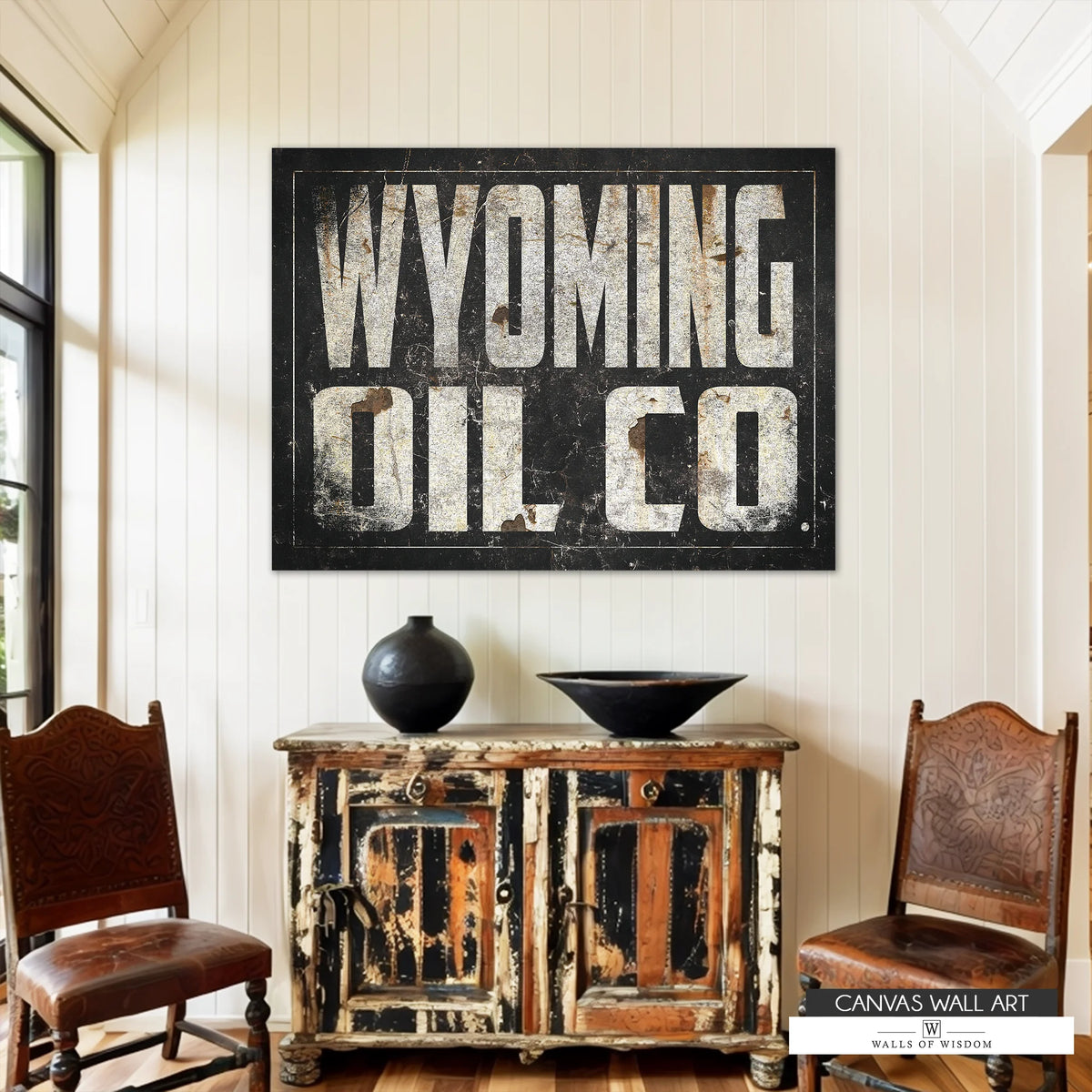 Wyoming Oil Co. vintage canvas featuring a rustic Western cowboy-style oilfield sign design