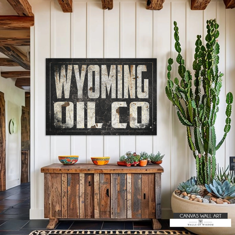 Vintage-inspired Wyoming Oil Co. wall art with distressed industrial textures for rustic decor