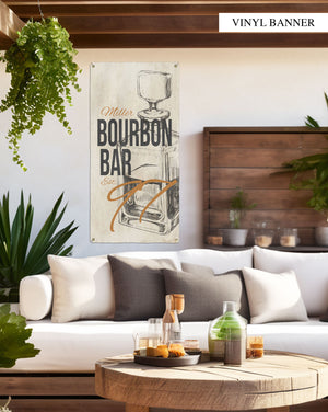 Vintage-style Bourbon Bar banner in durable vinyl, perfect for enhancing indoor art displays or outdoor porch vibes with a distressed flair.