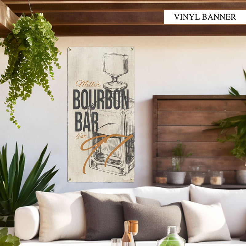 Vintage-style Bourbon Bar banner in durable vinyl, perfect for enhancing indoor art displays or outdoor porch vibes with a distressed flair.