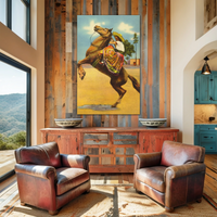 Colorful Mexican cowgirl canvas print with vibrant tones and vintage Western styling.