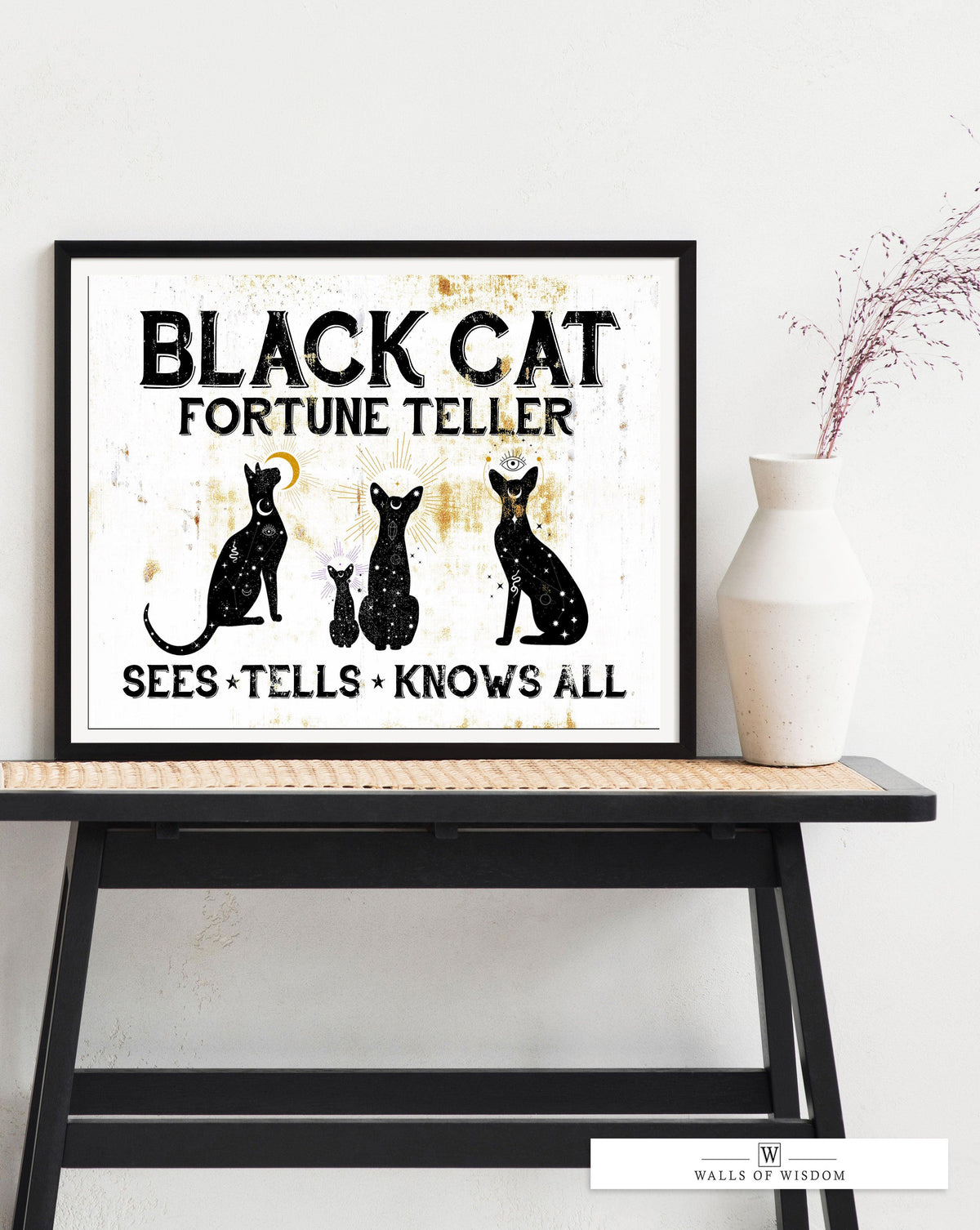 Whimsical Fortune Teller Cat Halloween Wall Decor - Vintage Poster Print